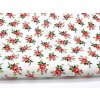 Tkanina Domestik, 100 % bavlněné plátno: bílý podklad s drobnými červenými růžičkami a zelenými lístky – romantický vzor pro povlečení, oděvy a patchwork