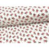 Tkanina Domestik, 100 % bavlněné plátno: bílý podklad s drobnými červenými růžičkami a zelenými lístky – romantický vzor pro povlečení, oděvy a patchwork