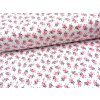 Tkanina Domestik 100 % bavlna – bílý podklad s růžovými růžičkami a šedými lístky; vhodná na povlečení, oděvy i patchwork