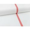 Plátno Domestik s červenými zdravotnickými pruhy, pevná bavlna pro ložní povlečení, prostěradla a profesní textil s vysokou odolností.