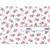 Tkanina Domestik 100 % bavlna – bílý podklad s růžovými růžičkami a šedými lístky; vhodná na povlečení, oděvy i patchwork
