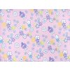Flanel s romantickým vzorem květů a lístků na růžovém podkladu, ideální na ložní povlečení, pyžama, župany i dětský textil.