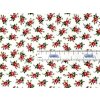 Tkanina Domestik, 100 % bavlněné plátno: bílý podklad s drobnými červenými růžičkami a zelenými lístky – romantický vzor pro povlečení, oděvy a patchwork