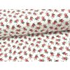 Tkanina Domestik, 100 % bavlněné plátno: bílý podklad s drobnými červenými růžičkami a zelenými lístky – romantický vzor pro povlečení, oděvy a patchwork