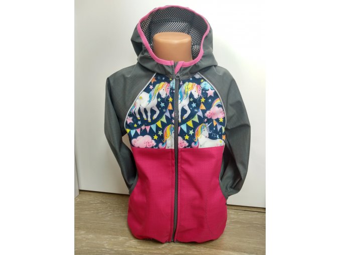 Softshellová bunda – růžová – šedá – jednorožci