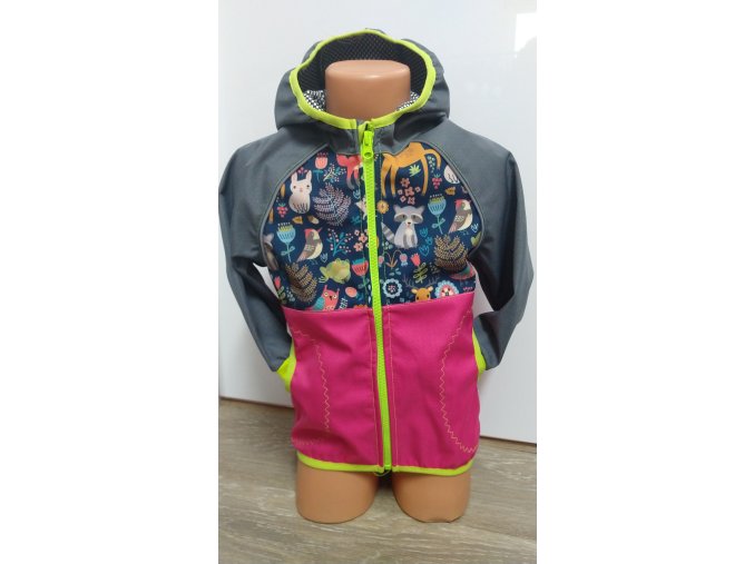 Softshellová bunda – růžová – šedá – zvířátka