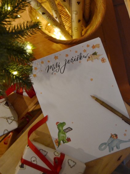Dopis pro Ježíška s obálkou a známkou - Vánoční dinosauři