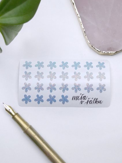 Samolepky vinylové - Třpytivé modré kytičky holografické