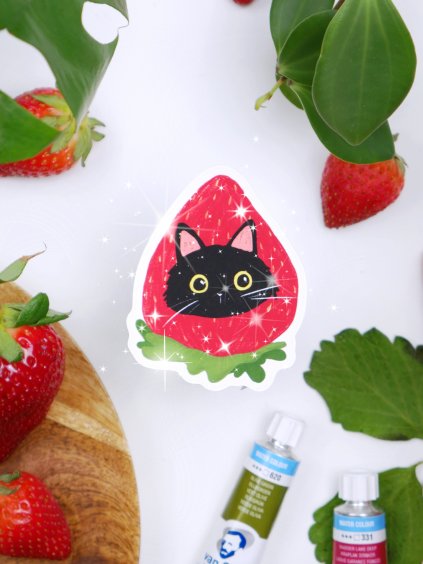 Třpytivá samolepka - Strawberry cat