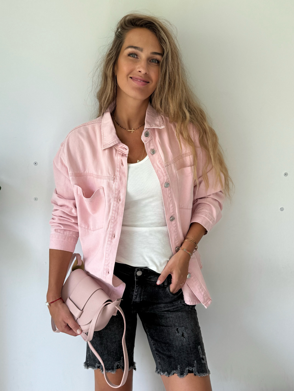 Riflová košile lehká vintage růžová