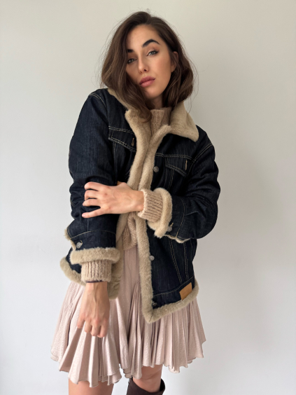 Riflová bunda s kožíškem tmavá