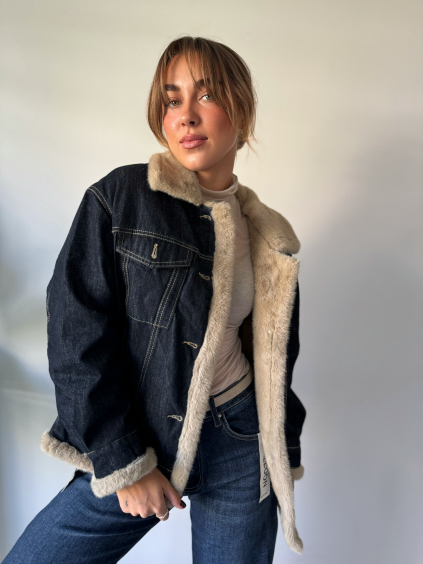 Riflová bunda s kožíškem tmavá