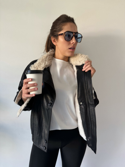 KOženková bunda s kožíškem černá