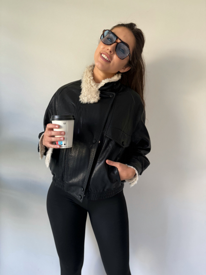 KOženková bunda s kožíškem černá