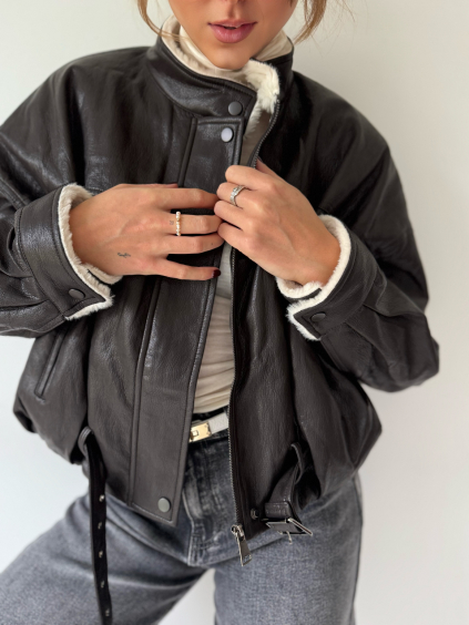 KOženková bunda s kožíškem hnědá