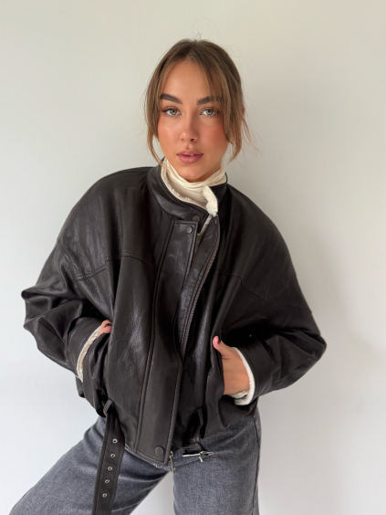 KOženková bunda s kožíškem hnědá