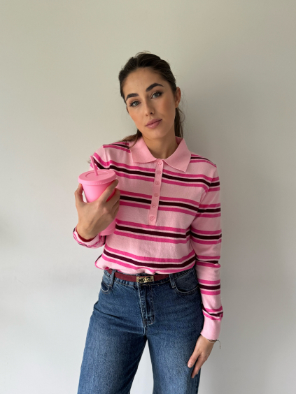Lehký svetr s pruhy růžová