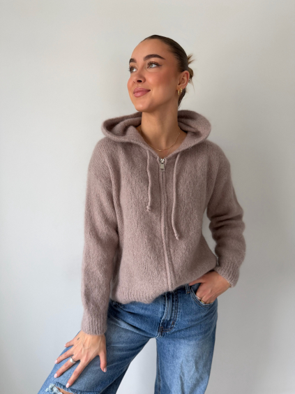 Mohérový svetr s kapucí na zip mocca