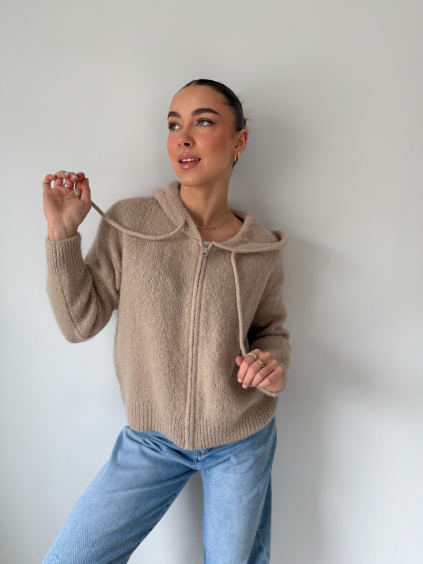Mohérový svetr s kapucí na zip béžová