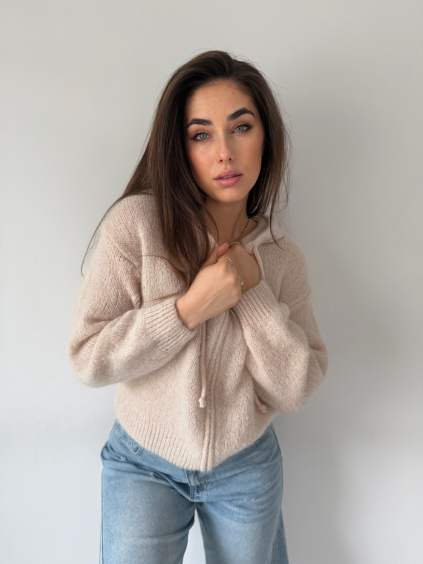 Mohérový svetr s kapucí na zip smetanová