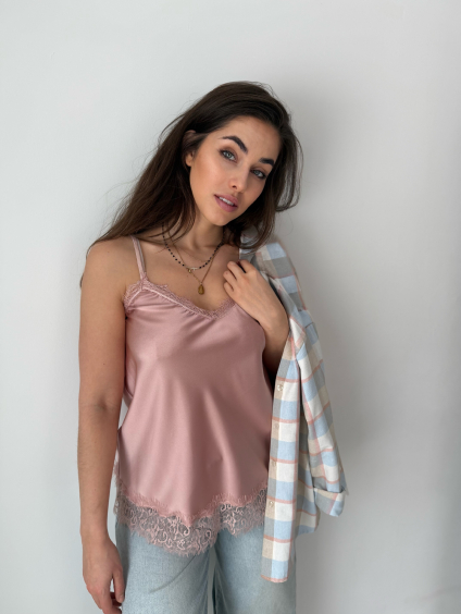 Tílko saténové s krajkou champagne