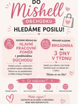 🌸 Do Mishell obchůdku ve Vimperku hledáme posilu! 🌸 Hledáme: 💗 zaměstnance na hlavní pracovní poměr (vhodné pro uchazeče v...