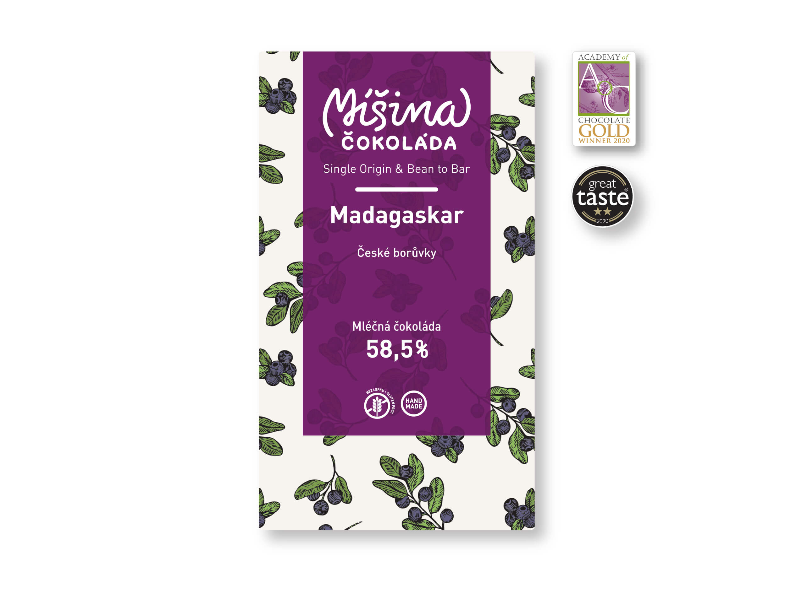 Levně Míšina čokoláda Mléčná čokoláda 58,5 % Madagaskar s českými borůvkami