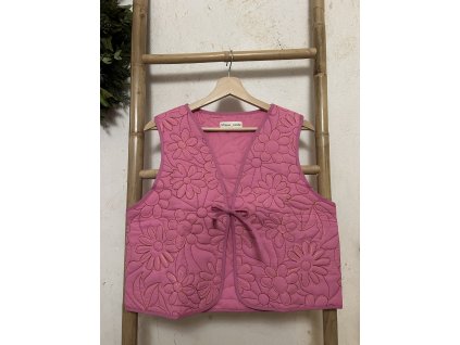 Růžová květinová vestička s jednou mašlí