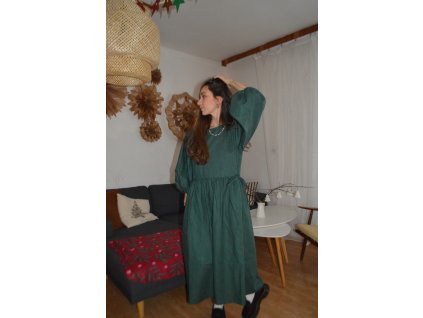 Tlumeně zelené lněné šaty s mašlemi