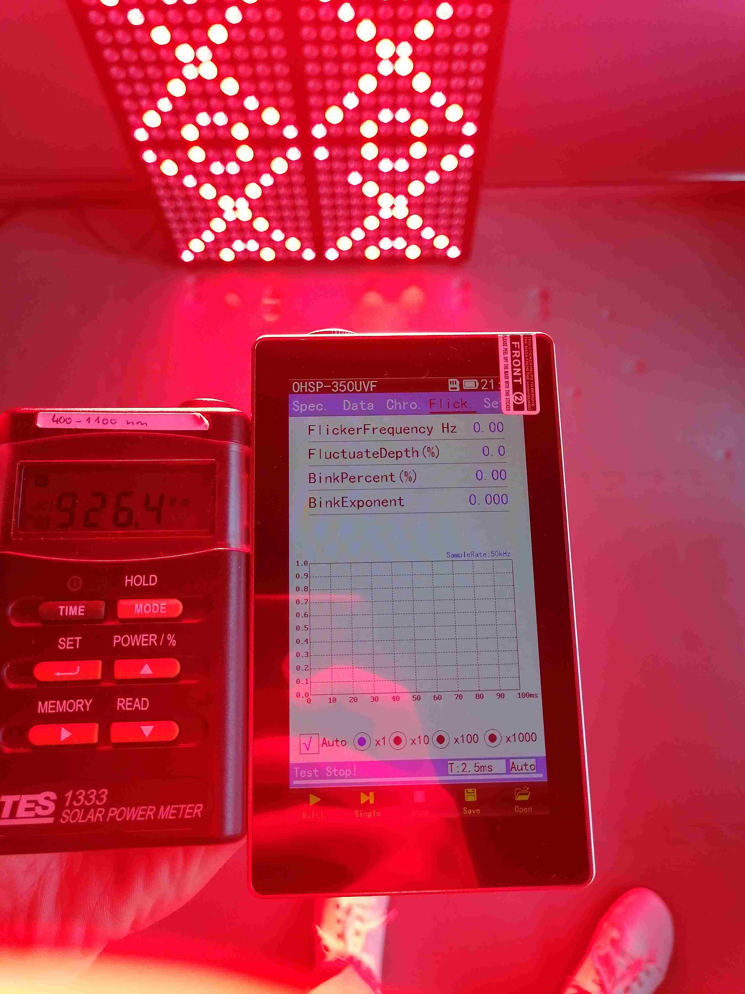 Testing a red light therapy panel with a flicker meter and spectrometer