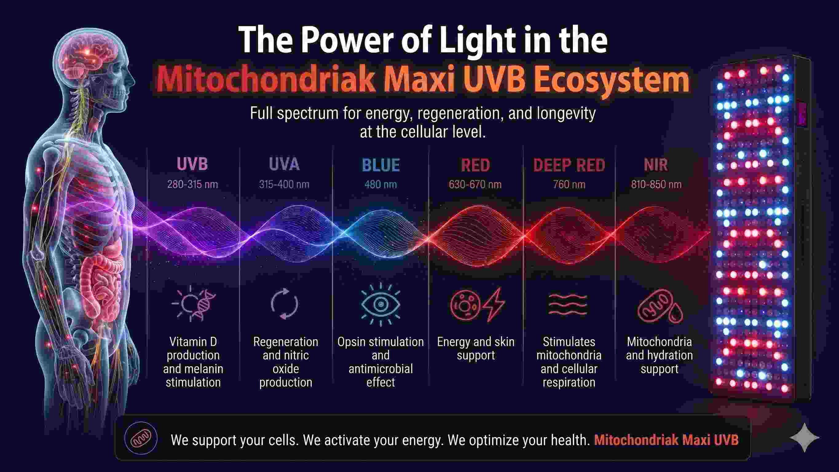 Maxi UVB Upgraded infographic – light spectrum and 9 wavelengths