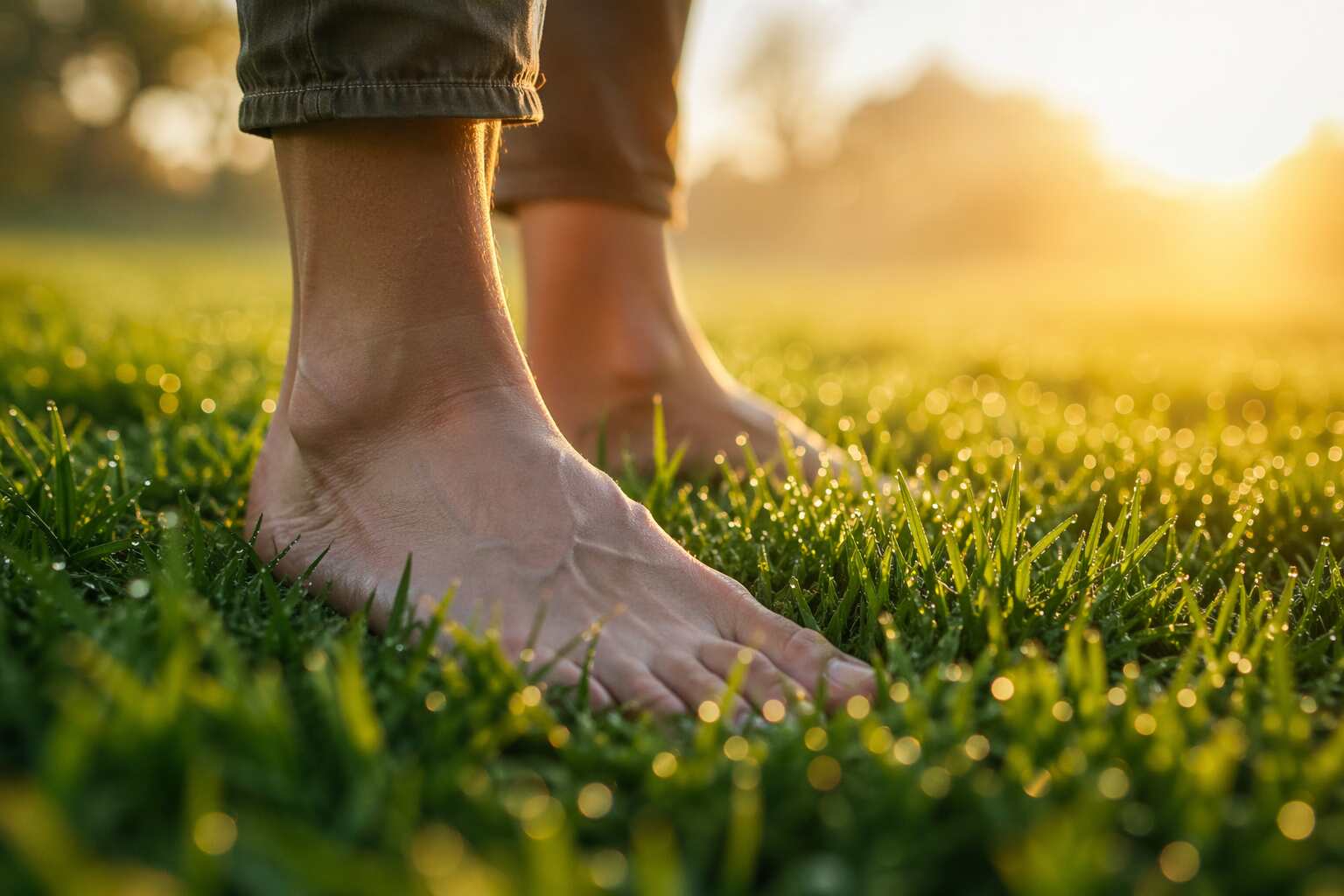 Grounding in spring barefoot on morning grass, earthing and circadian health