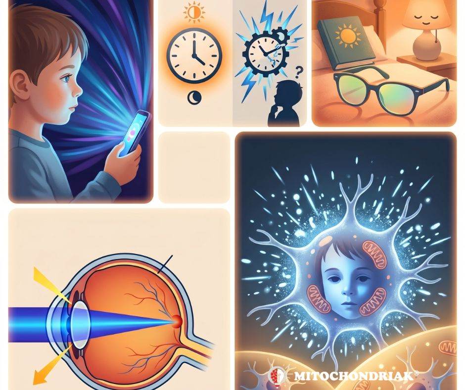 Blue light pathway from screen through eye retina to circadian rhythm disruption