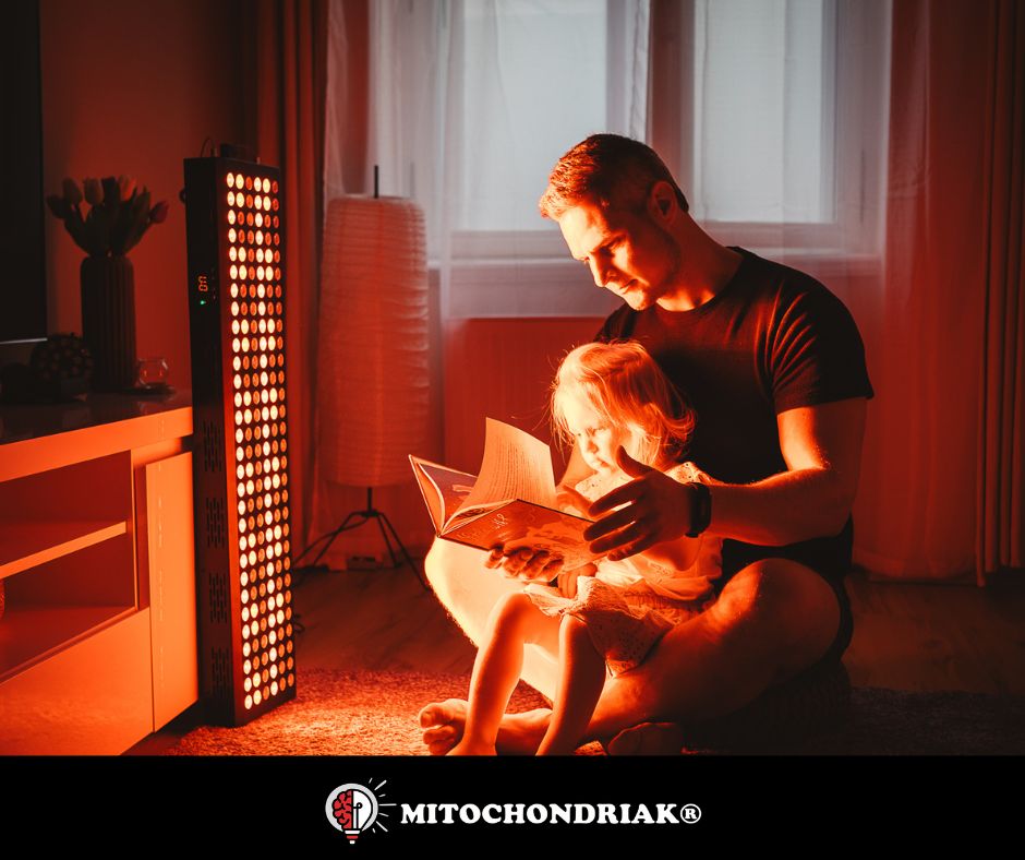 Father and daughter reading under red light at home