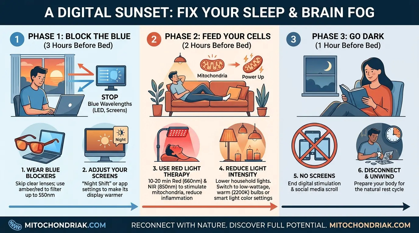 Digital sunset, blue light, red light and circadian rhythm infographic