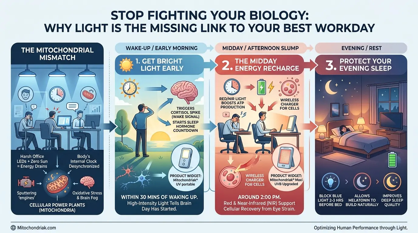 Natural light balance, circadian rhythm, mitochondria and energy