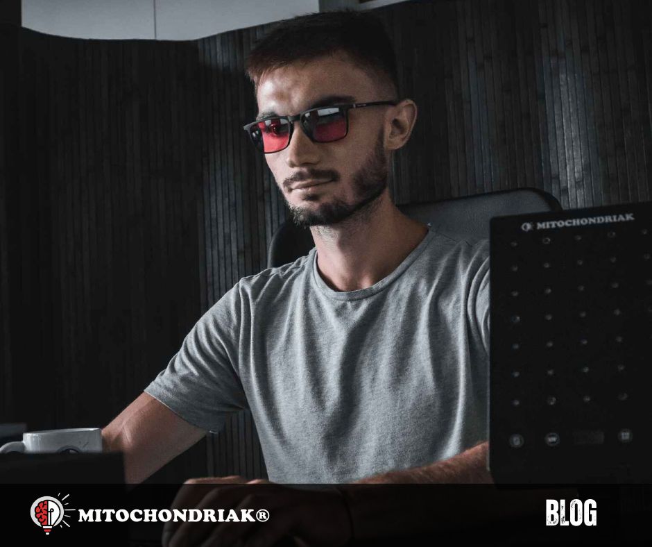 Blue light blocking glasses Mitochondriak with red filter lenses