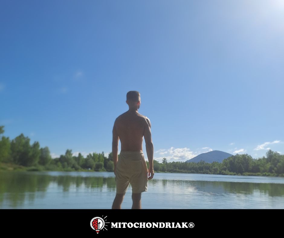 Vitamin D from sunlight in May by a lake in nature