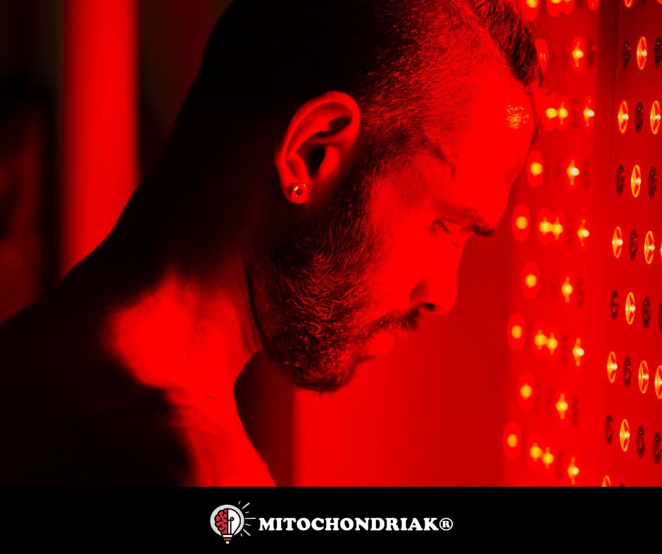 Close-up of red light therapy on the face from the side for rosacea treatment