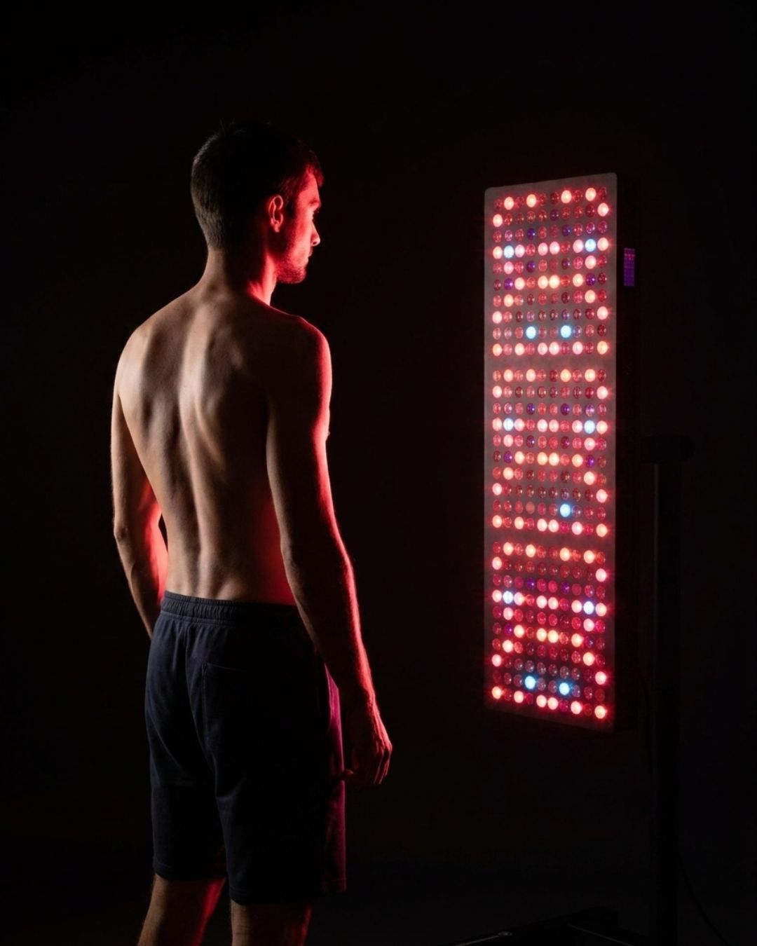 Man using a Mitochondriak infrared panel for red light therapy and fat reduction