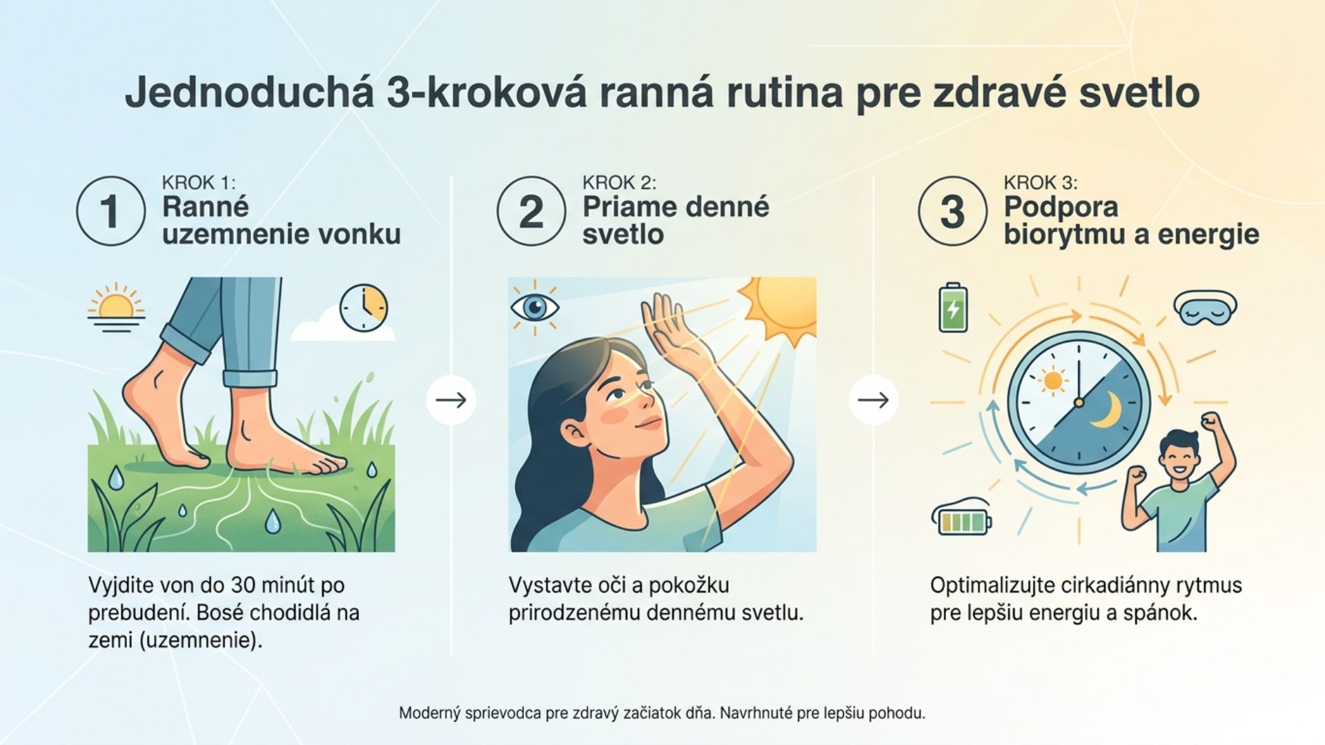 Morning routine infographic, grounding, sunlight, and energy
