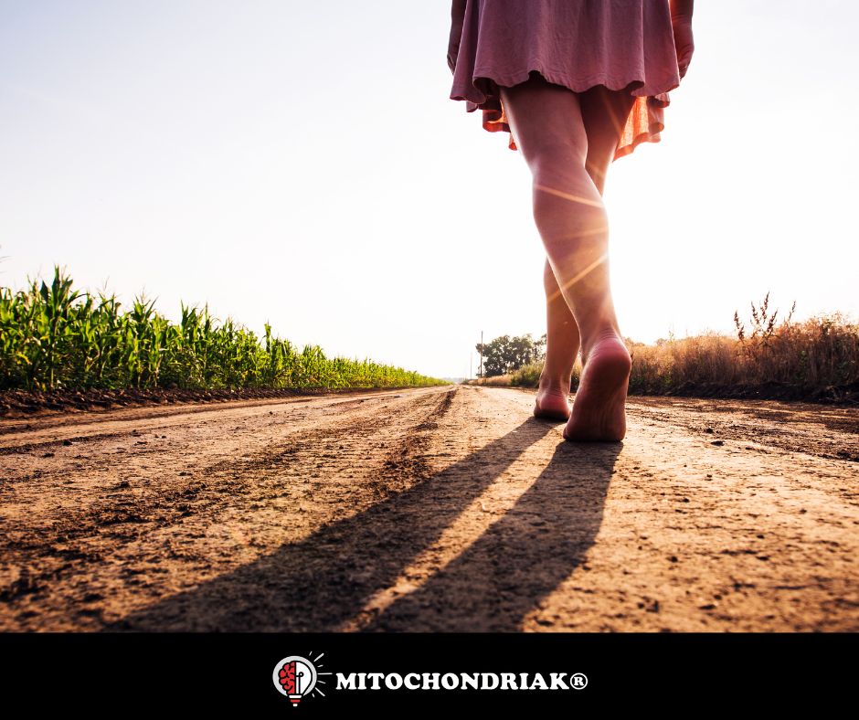 Woman walking barefoot in nature in the sunlight, grounding in spring