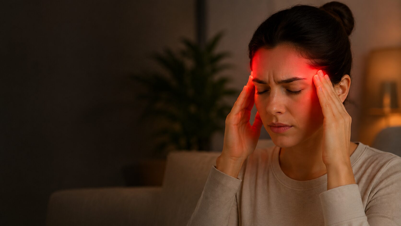 Woman using red light therapy panel for photobiomodulation pain relief