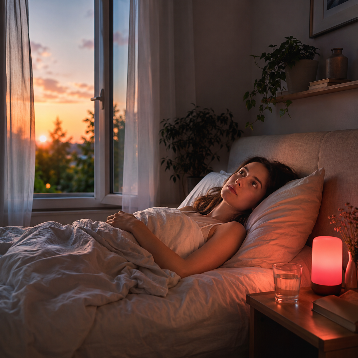 Woman in red light bedroom for evening melatonin and sleep