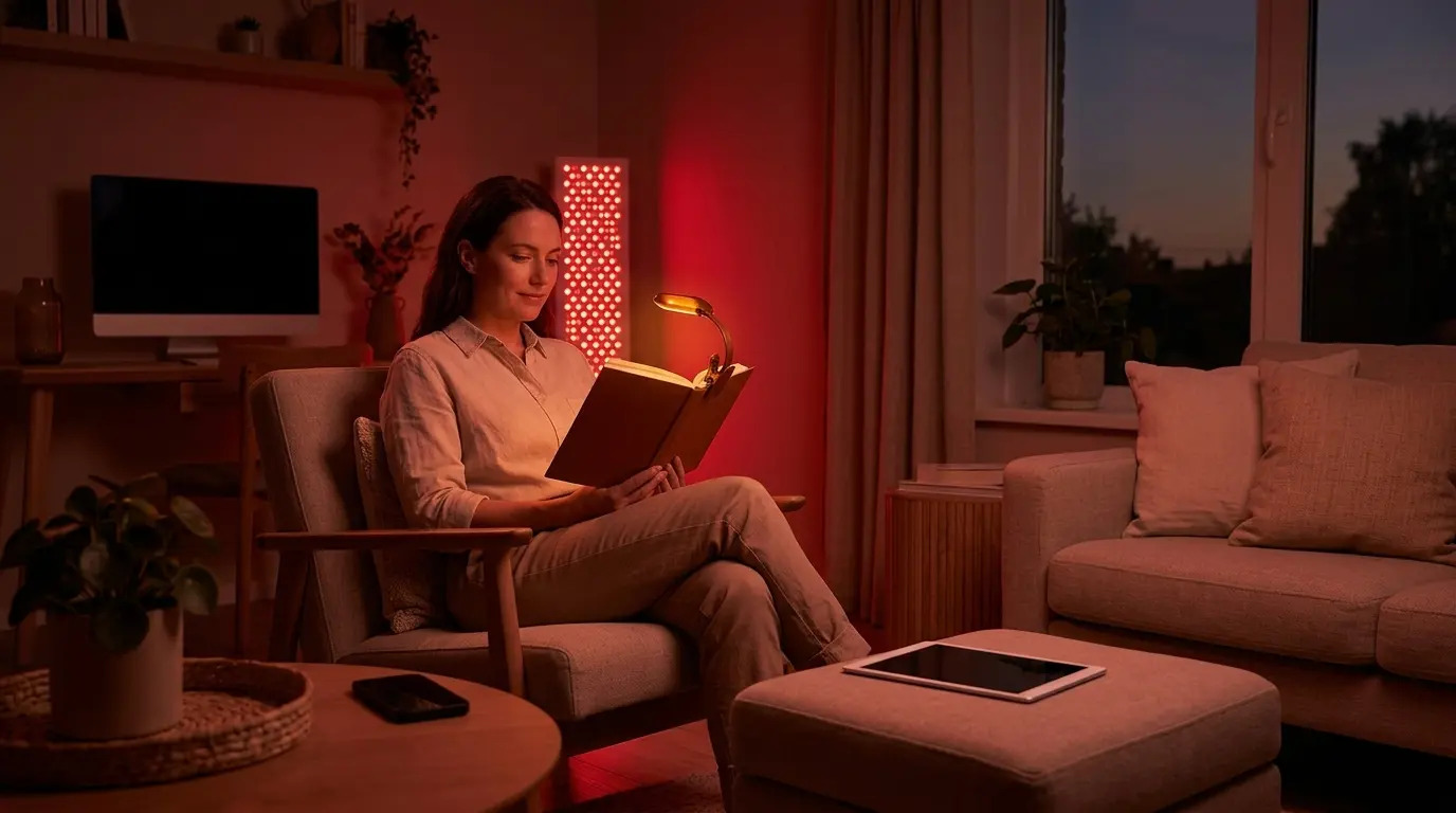 Woman reading at home during evening red light panel session