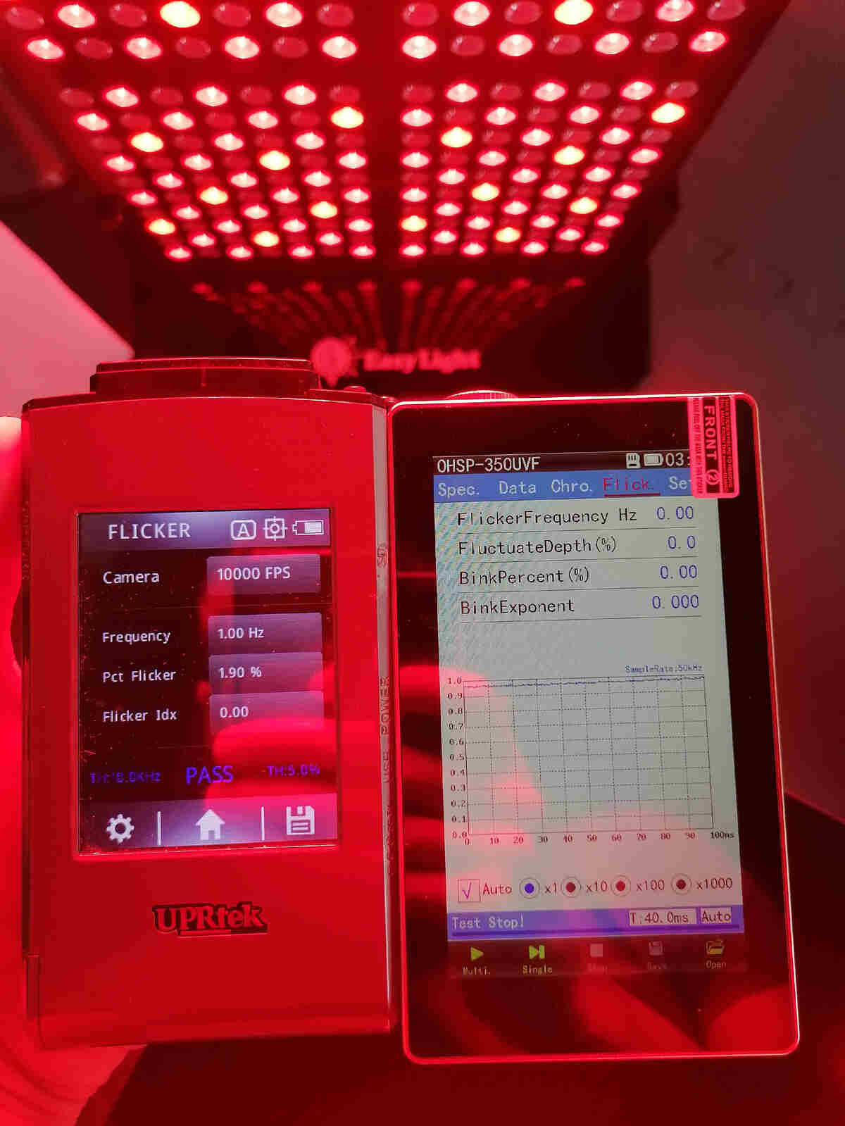 Měření blikání červeného LED světla pomocí dvou zařízení.