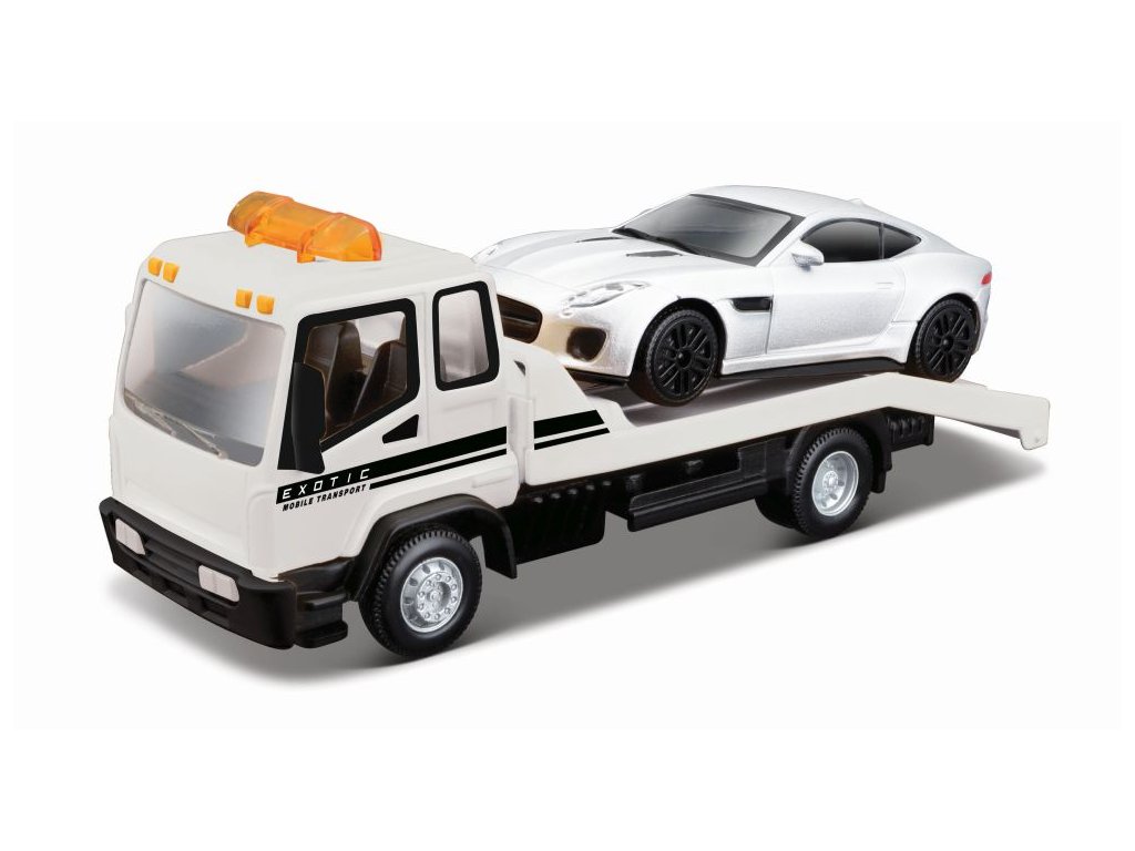 Bburago 1:43 STR FIRE Flatbed Tow Truck, w/Jaguar F-Type R Dynamic (V6)