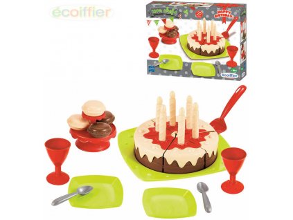 ECOIFFIER Narozeninový dort plastový set s nádobím a doplňky 25ks v krabici