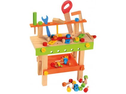 BINO DŘEVO Dětský pracovní stůl barevný ponk set s nářadím 50 dílků