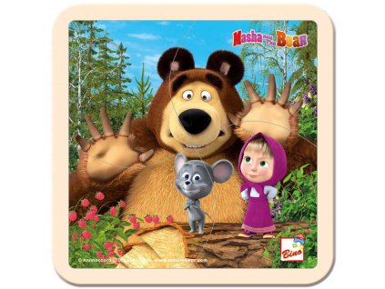 BINO DŘEVO Baby Puzzle Máša a Medvěd myška 15x15cm na desce 4 dílky